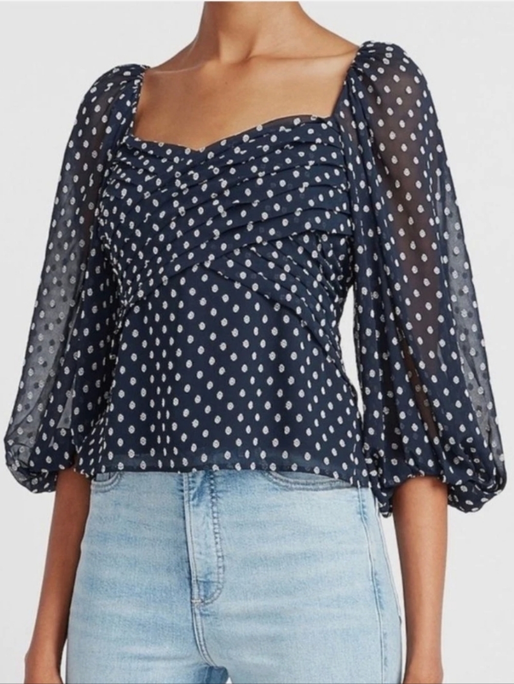 EXPRESS Sweetheart Neckline Polka Dot Puff Sleeve Blouse in Navy Size M